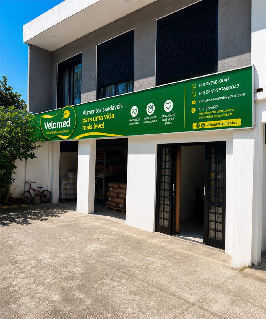 Fachada da sede da Velomed Alimentos Saudáveis no bairro São João, em Curitiba
