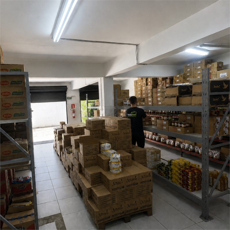 Estoque principal da Velomed com paletes e caixas organizadas por categoria