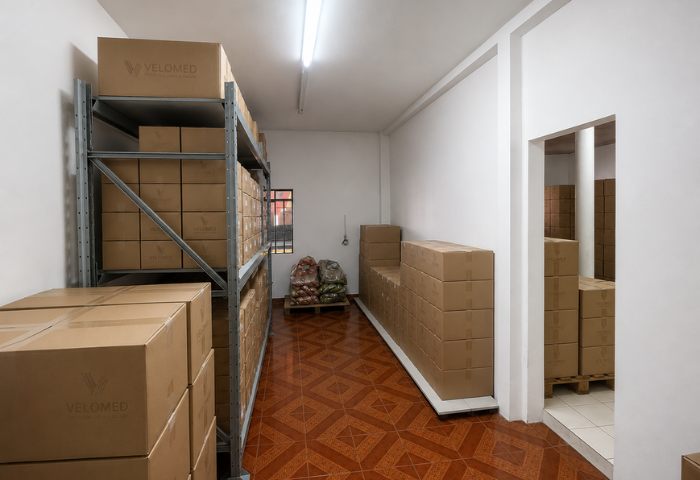 Área de expedição da Velomed com pedidos prontos para envio